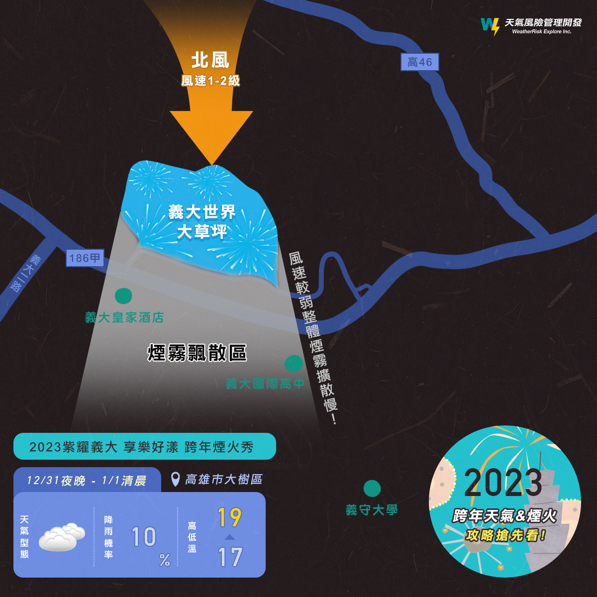 義大煙火最佳觀賞位置。 圖：取自天氣風險臉書