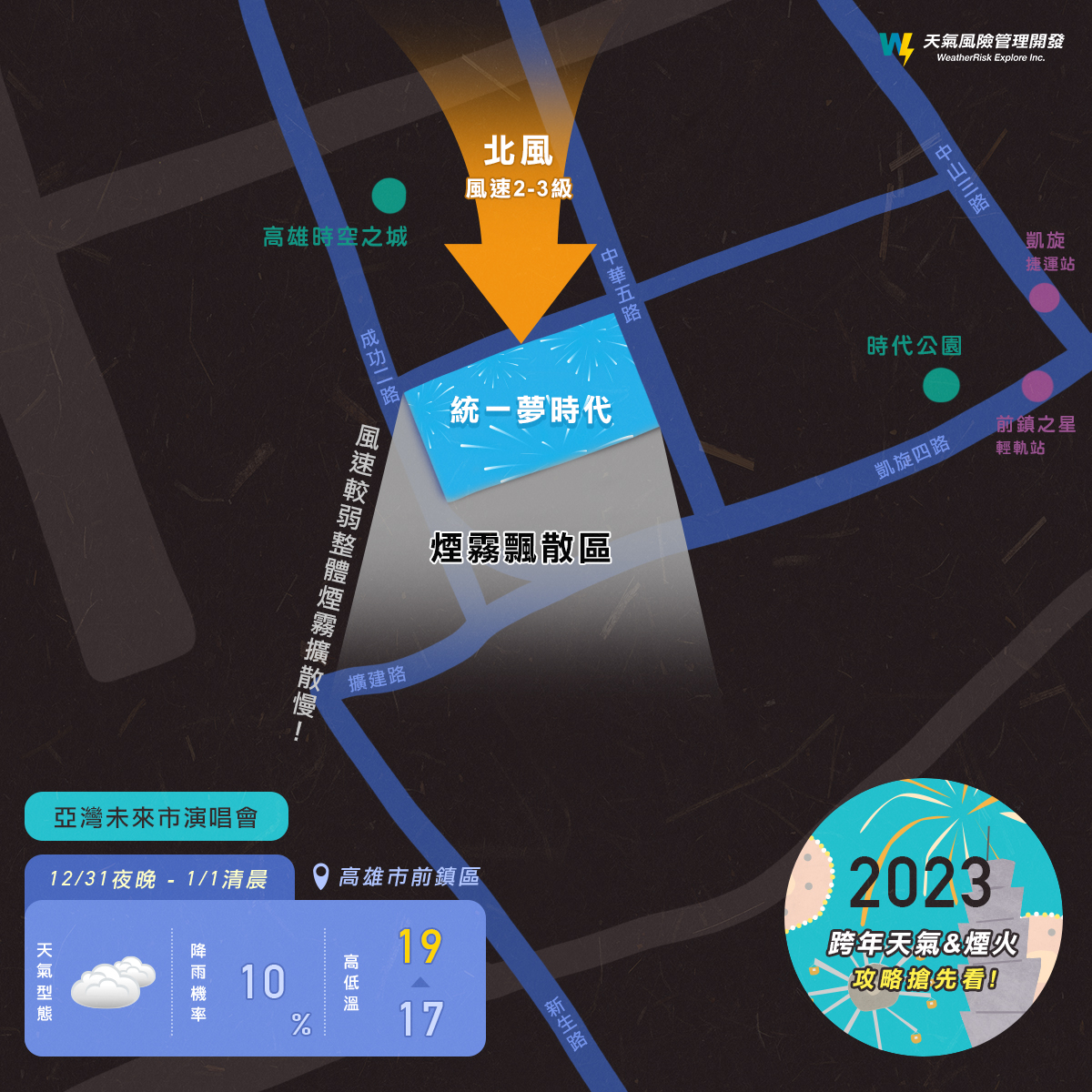 高雄夢時代煙火最佳觀賞位置。 圖：取自天氣風險臉書