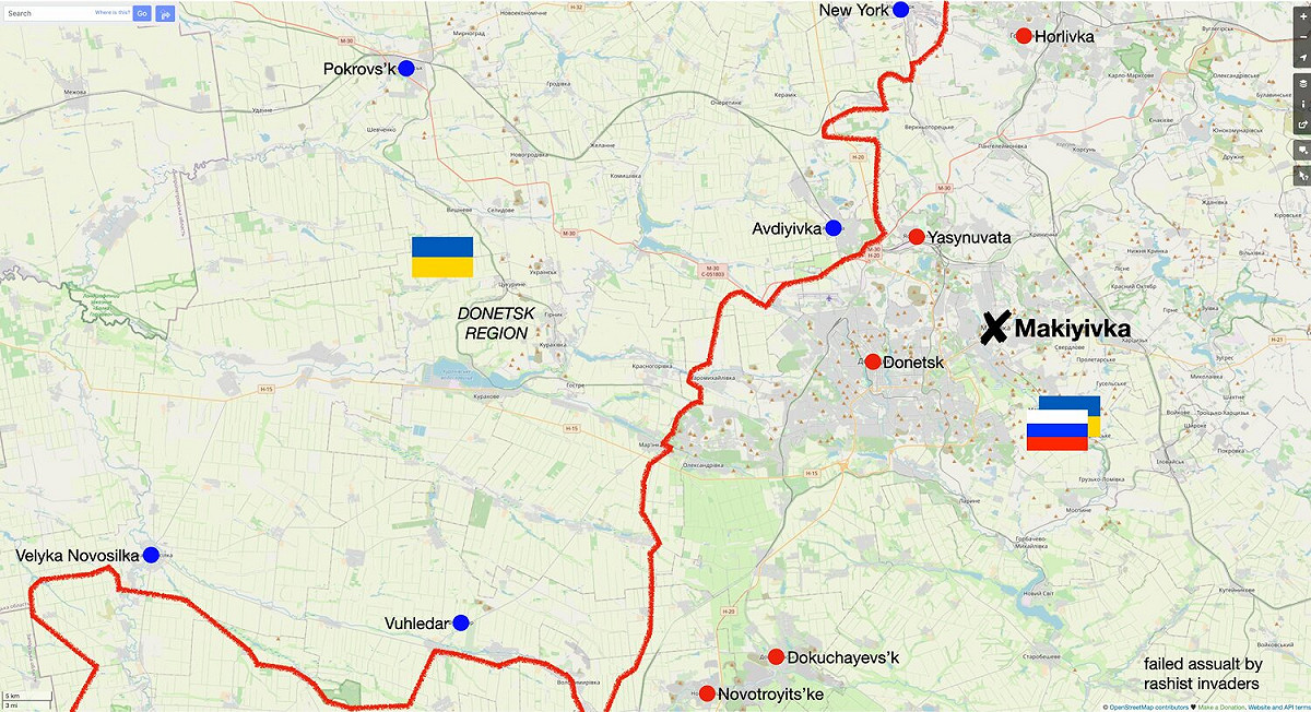 被俄軍佔領的烏克蘭東部頓內茨克地區的城市馬克耶夫卡（Makiivka）跨年夜被烏軍襲擊。 圖:翻攝自推特Michael MacKay (@mhmck)