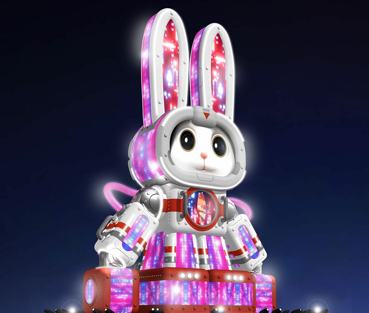 主燈「玉兔壯彩」首創Robot造型科技玉兔主燈，總高22公尺身著太空裝的巨型玉兔，將在國父紀念館亮相。 圖：交通部觀光局／提供