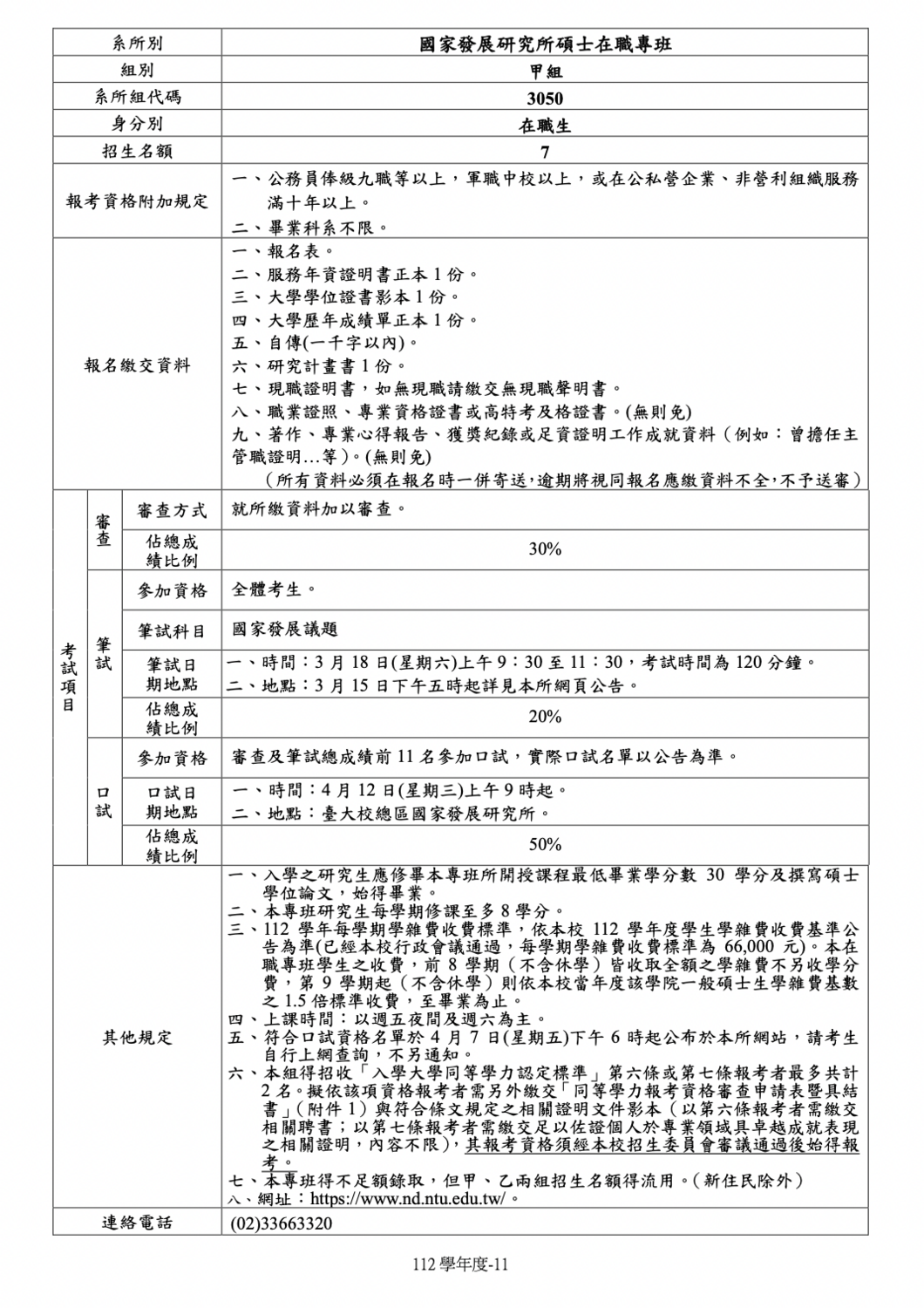 台大公布112學年度碩士在職專班招生簡章，發現國發所照常招生。 圖：取自台大112年度碩士在職專班招生簡章