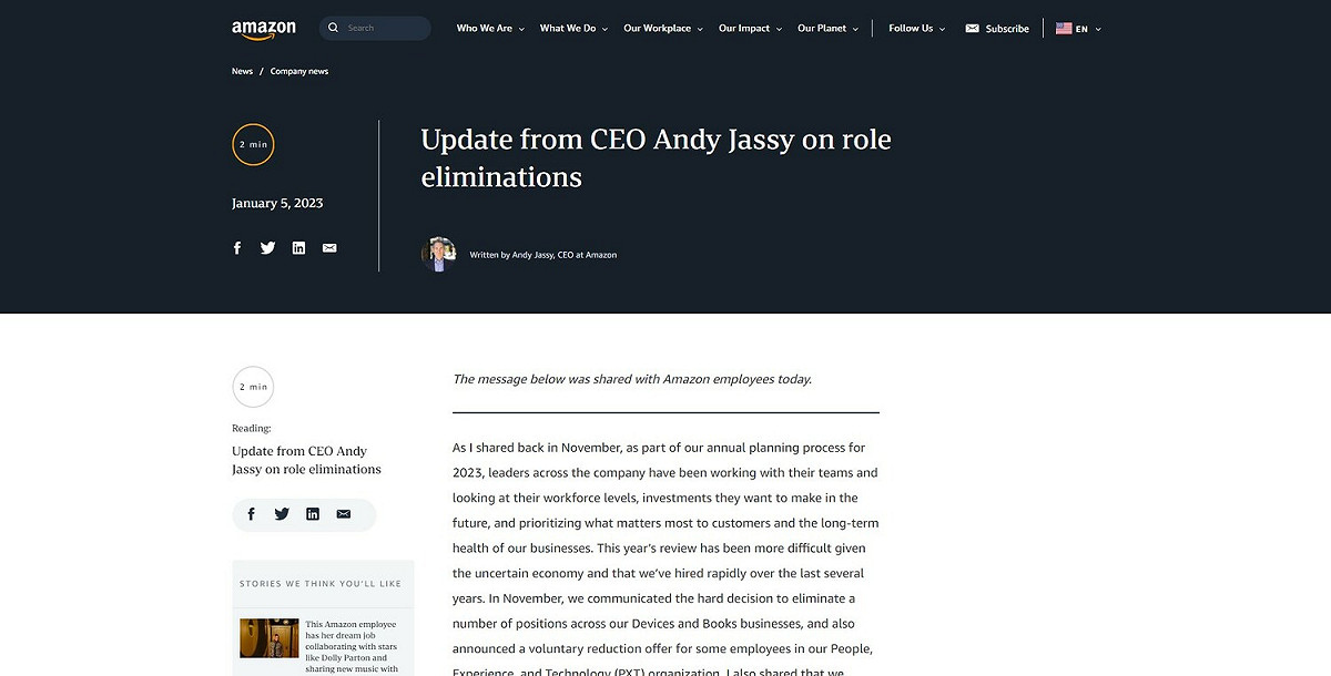 亞馬遜執行長Andy Jassy今日在官方部落格宣布，從去年11月展開的裁員計畫，將擴大影響到18000多個職位。 圖：翻攝自亞馬遜官方部落格