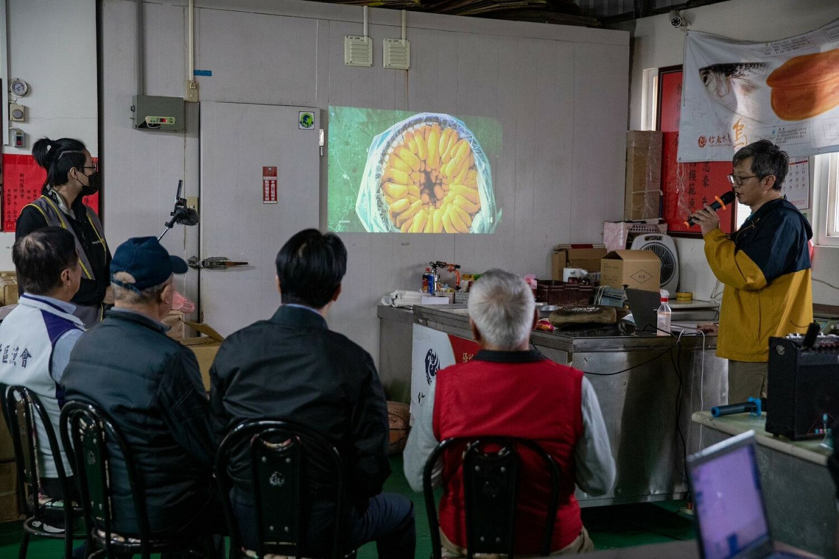 賴清德（前排坐者右二）下鄉進行青農座談，青農解說農產現況。 圖：翻攝自賴清德臉書