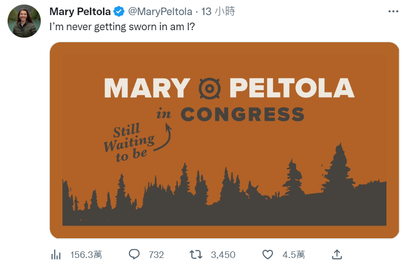 民主黨眾議員瑪麗·佩爾托拉（Mary Peltola）在推特幽默發文表達遲遲無法就職議會的心聲，稱「我永遠不能宣誓就職了，對吧？」 圖:翻攝自推特