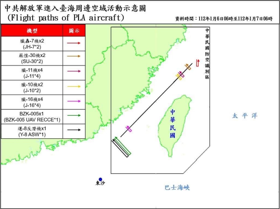 國防部公布7日台海周邊海空域動態，指出自6日清晨6時至7日清晨6時，共有16架次解放軍機逾越海峽中線、北延伸線進入東海及其南延伸線進入西南空域。 圖：翻攝mnd.gov.tw