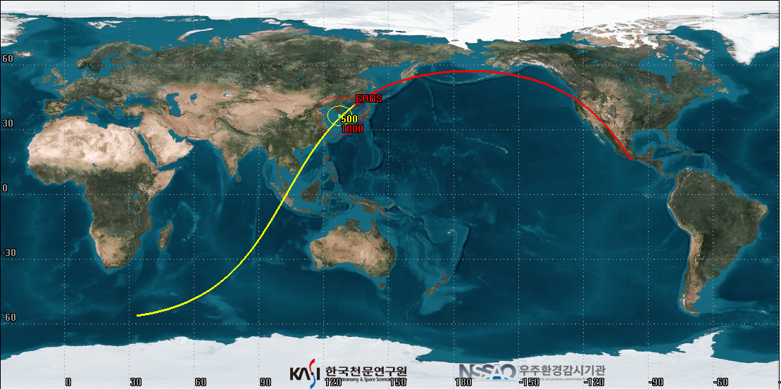 美國人工衛星ERBS的部分殘骸很可能於9日中午12時53分墜落在韓半島，紅黃線部分為正負30分鐘。 圖:翻攝自南韓科學技術情報通信部
