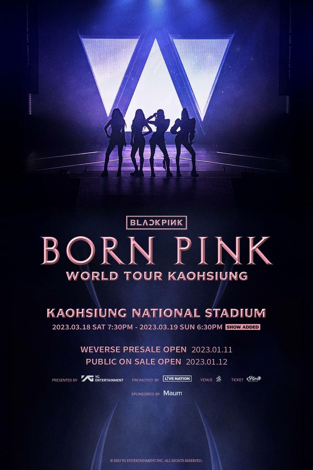 「BORN PINK」主辦單位再宣布，將再加一場3月19日的演出，而3月19日的門票官方會員1月11日中午12點開賣。 圖：翻攝自Live Nation Taiwan理想國臉