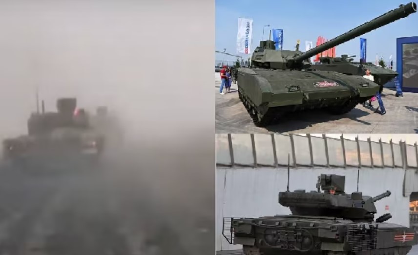 T-14坦克進入烏東地區的影片截圖，從側後方來看，的確是T-14坦克無疑。 圖：翻攝自裝甲鏟史官