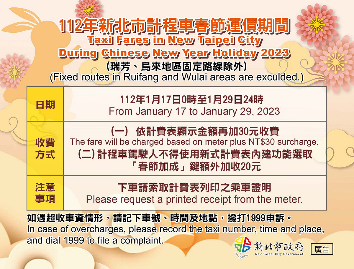計程車春節運價加成貼紙。 圖：新北市交通局提供