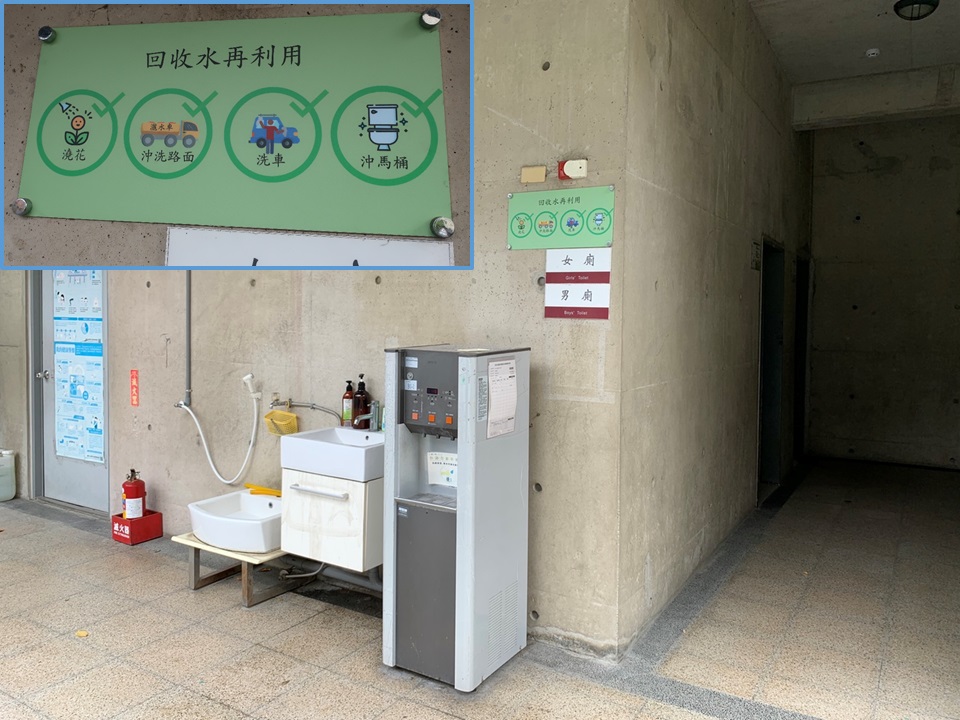 桃子腳國中小回收水沖廁宣導告示牌。 圖：新北市水利局提供