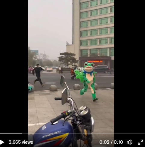 還有網友分享青蛙裝攤販被城管追著跑。 圖：翻攝自推特@Gaomixiaodaren