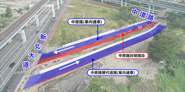 中原路路段部分道路封閉與新設之替代道路，請民眾行經時多加留意，放慢車速並配合交通引導。 圖：新北市地政局提供
