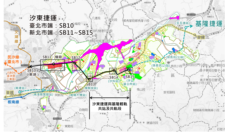捷運汐止東湖線各場站位置及周邊都市計畫示意圖。 圖：新北市城鄉局提供