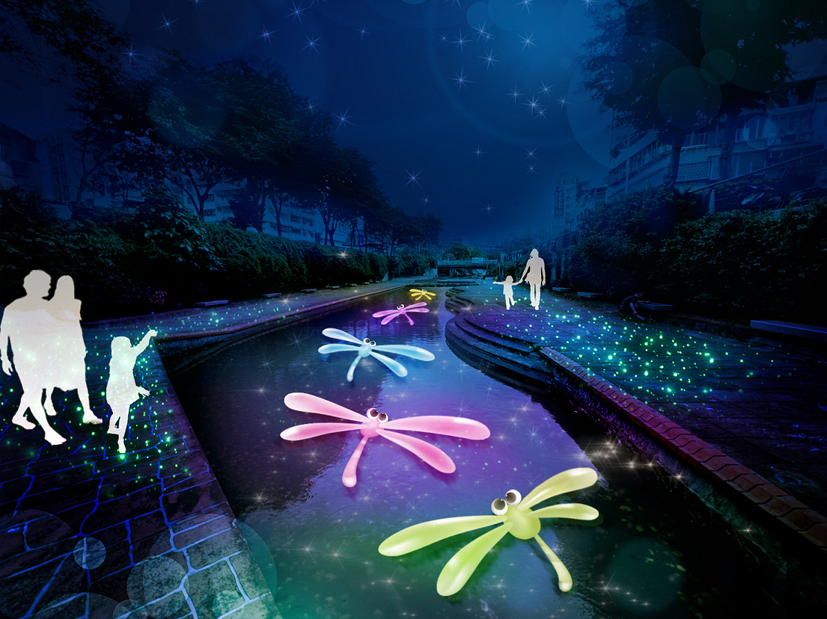 蜻蜓分散坐落，繽紛點綴河岸（模擬圖）。 圖：新北市水利局提供