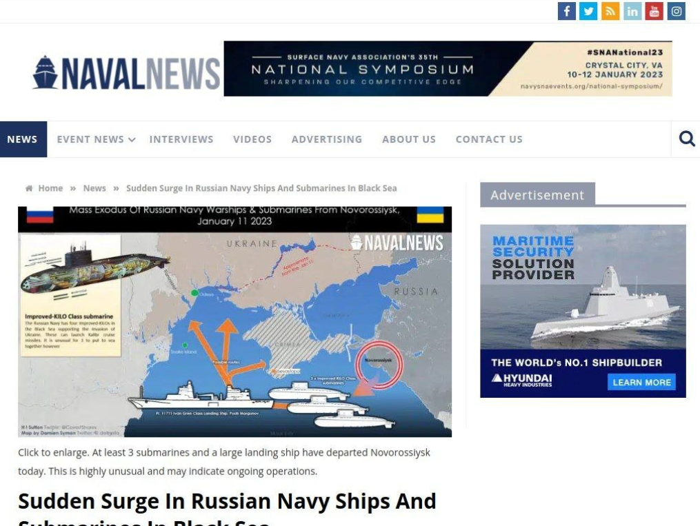 外媒報導，俄羅斯海軍軍艦、潛艇在當地時間11日集體離開了位於黑海新羅西斯克的基地。 圖:翻攝自推特
