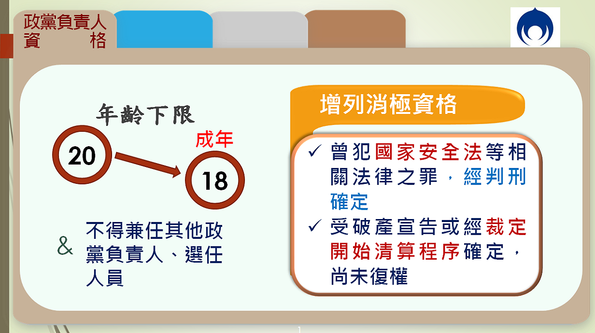 政黨法修正後，政黨負責人未來須具資格。 圖：內政部提供