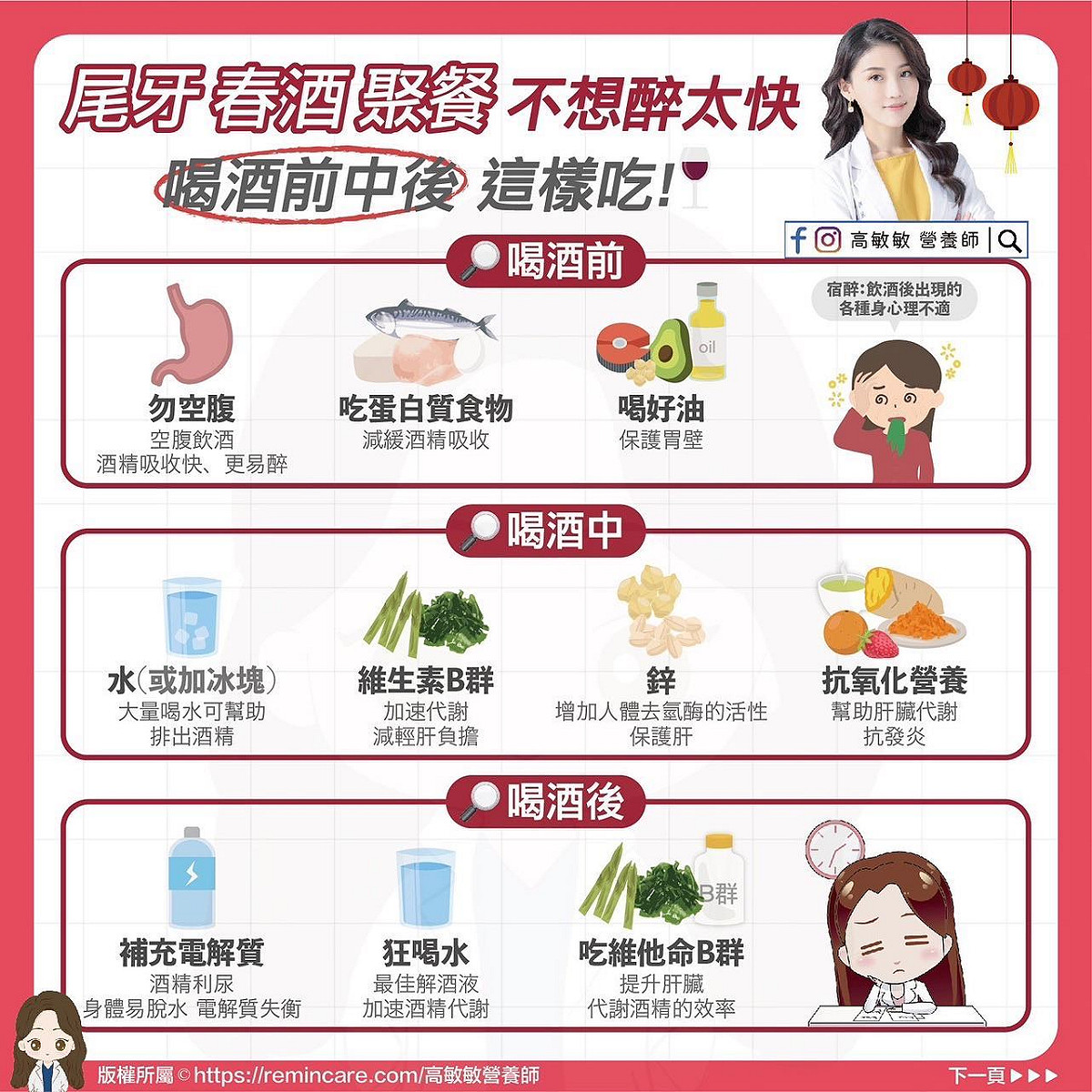 營養師高敏敏表示，參加活動前若怕喝到太嗨，一定要先了解喝酒前，喝酒時，與喝酒後該怎麼樣吃、補充哪些維生素能讓自己加強代謝，除了可避免宿醉，若真的宿醉也會快速恢復。 圖：翻攝自高敏敏 營養師 粉絲專頁
