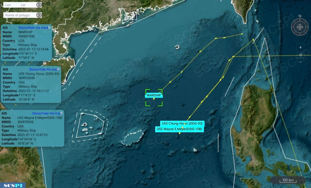 中國南海戰略態勢感知平台指出，有 3 艘美軍驅逐艦於 12 日經巴士海峽進入南海。 圖：翻攝自中國南海戰略態勢感知平台