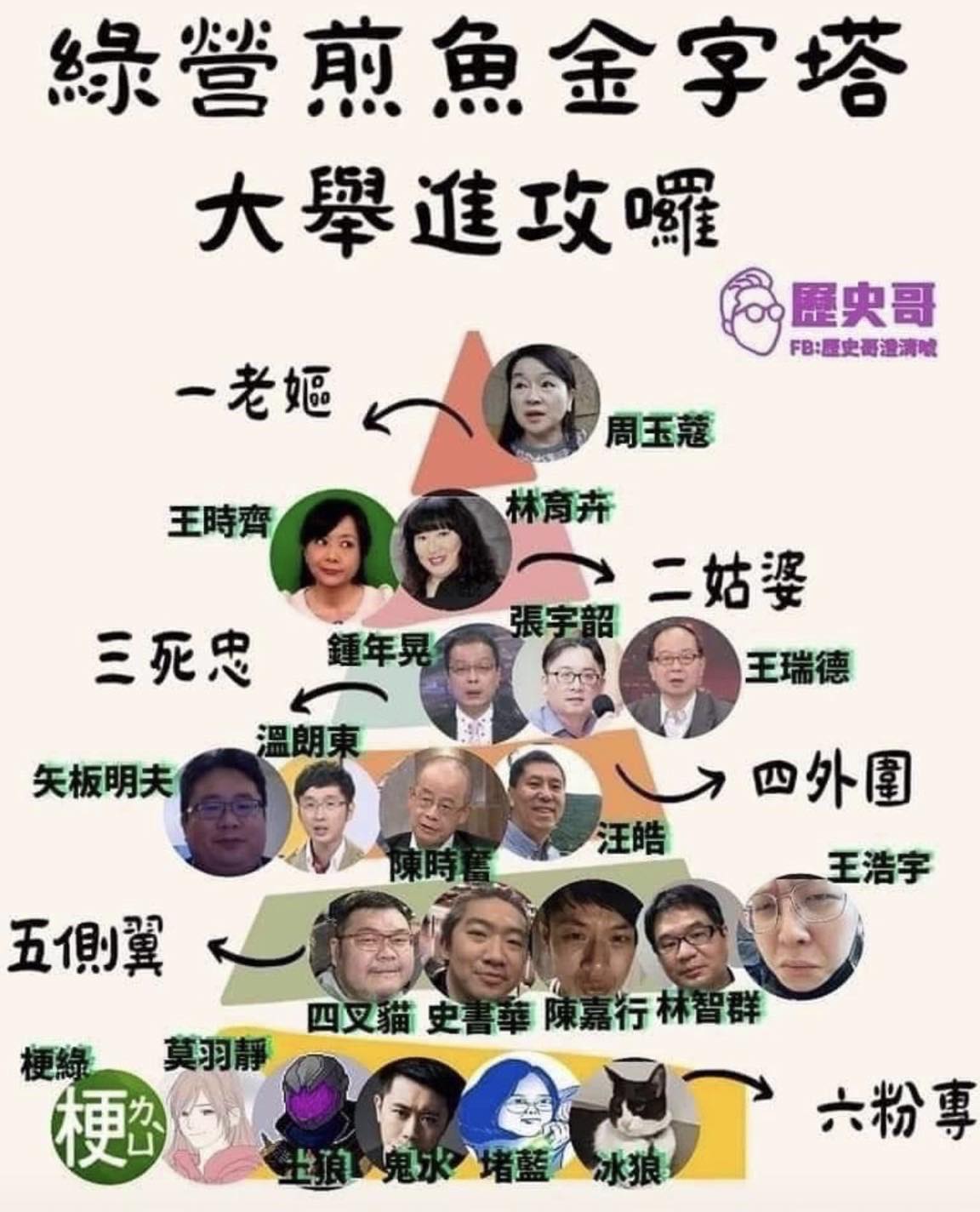 近日網路流傳「綠營『煎魚』金字塔」的梗圖。 圖：翻攝矢板明夫臉書