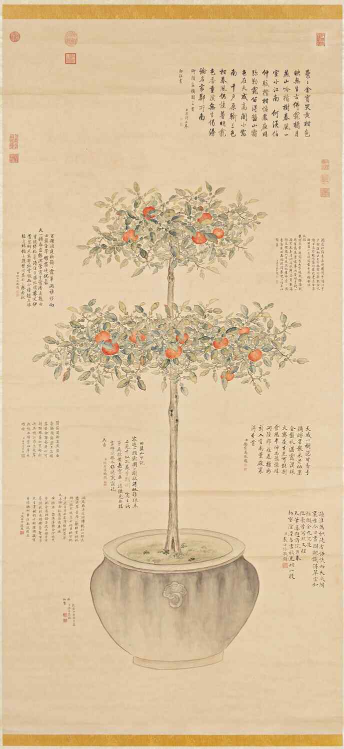 故宮南院兔年新春連假天天開放，展出清代宮廷畫家余省〈仿御筆盆橘〉畫作。 圖：故宮南院/提供