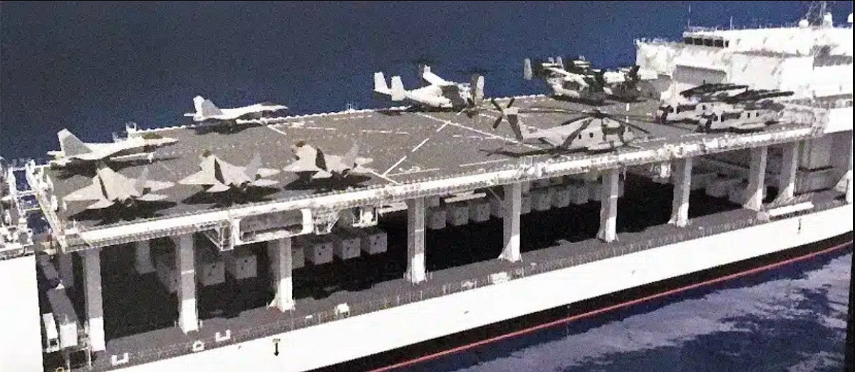 美國國家鋼鐵和造船公司認為改造飛行甲板後，ESB可起降F-35B戰機。 圖：翻攝NASSCO官網