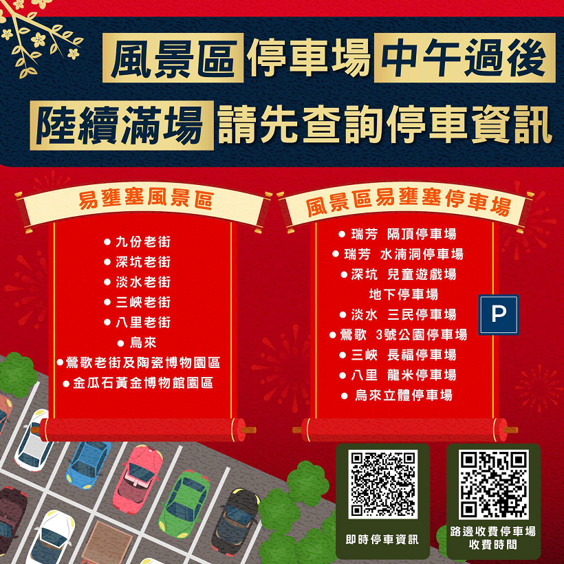 風景區停車場中午過後陸續滿場請先查詢停車資訊。 圖：新北市交通局提供