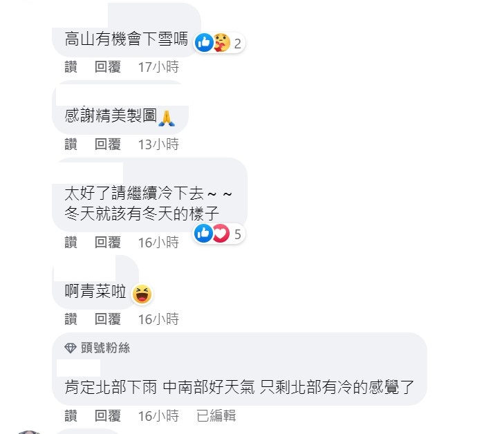 網友對於初二冷氣團南下反應兩極。 圖：取自中央氣象局臉書