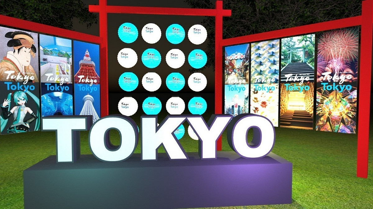 東京燈籠展示由藍白相間的Tokyo Tokyo燈籠以及東京知名景點的布幕所構成。 圖：ⒸTCVB／提供