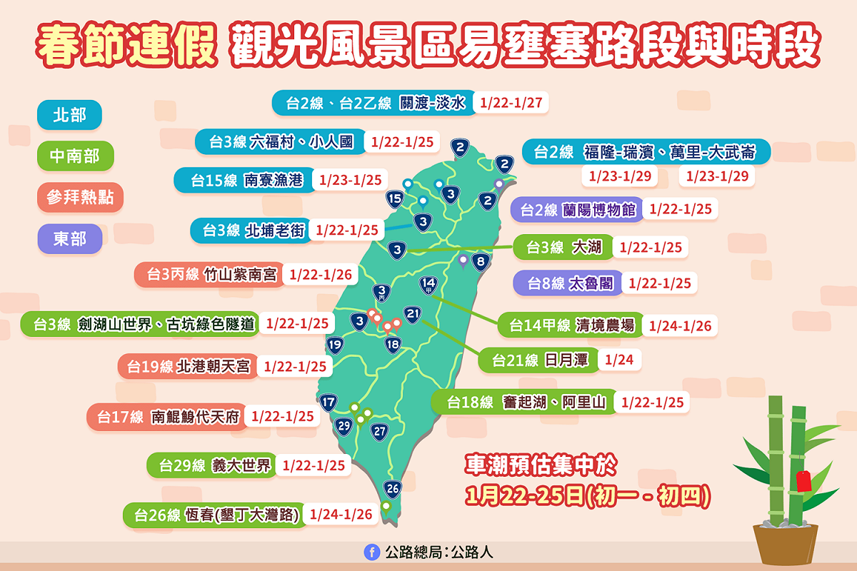春節連假省道觀光風景區易壅塞路段。 圖：公路總局／提供