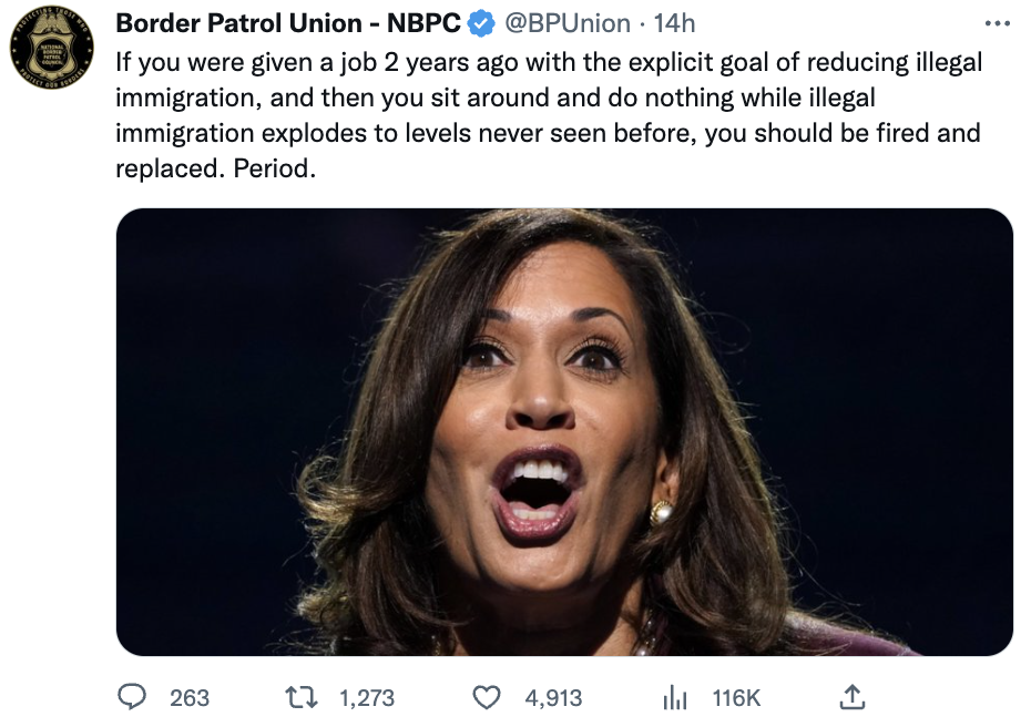 美國邊境巡邏工會不滿總統拜登（Joe Biden）與副總統賀錦麗（Kamala Harris）所帶領的政府，對於處理邊境問題上不力。 圖：翻攝自推特