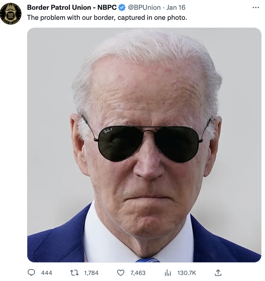 美國邊境巡邏工會不滿總統拜登（Joe Biden）與副總統賀錦麗（Kamala Harris）所帶領的政府，對於處理邊境問題上不力。 圖：翻攝自推特