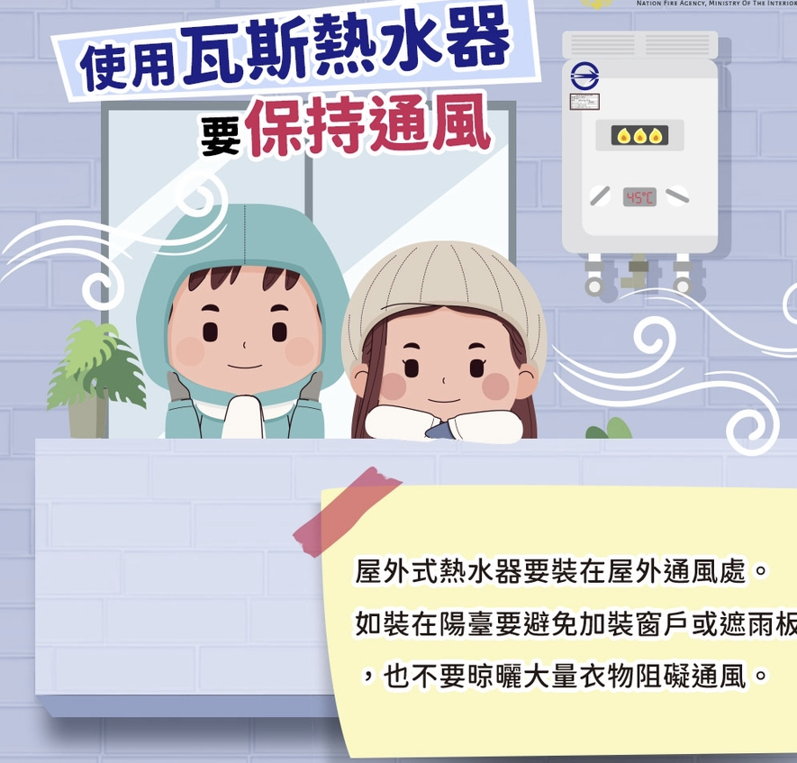 親朋好友聚餐的機會增加，年節期間使用瓦斯熱水器及暖爐前，都務必要先行注意室內外空氣保持流通，才能避免一氧化碳中毒的意外發生。 圖：新北市消防局提供