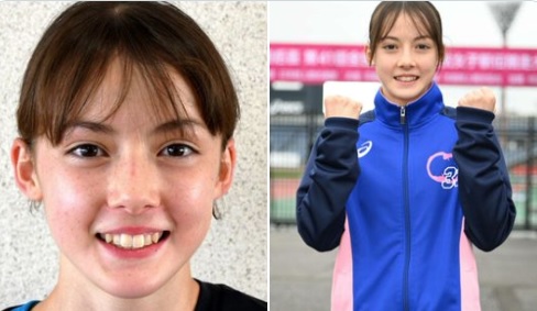 代表岡山縣的15歲混血正妹朱瑛里，在接力賽場上宛如開氮氣加速一般，連超17名選手。 圖:翻攝自推特