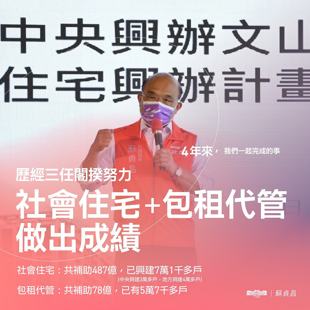行政院長蘇貞昌的臉書今（19）天po出39張政績圖片，顯示他對自己4年來的政績顯然是相當滿意的，並祝福「新的行政團隊能夠做得更好」。 圖：擷自蘇貞昌臉書