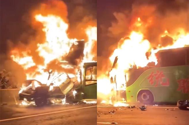 大年初一國道一號驚傳火燒車死亡車禍。 圖：翻攝記者爆料網