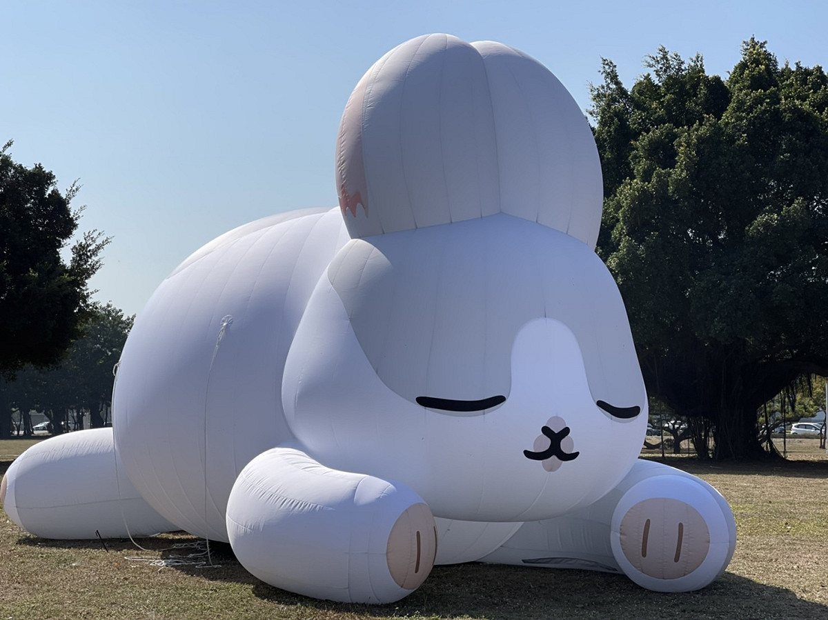 草皮上慵懶的ㄇㄚˊ幾兔。 圖：高雄市觀光局/提供