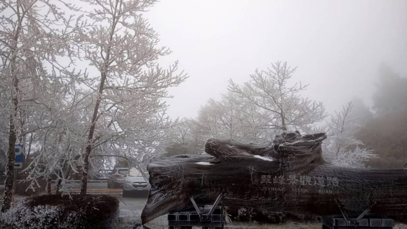 受春節第2波寒流影響，海拔約1900公尺、位在宜蘭縣的太平山國家森林遊樂區28日清晨再度出現霧淞雪白美景，園區翠峰景觀道路宛如銀色世界。 圖：羅東林管處提供