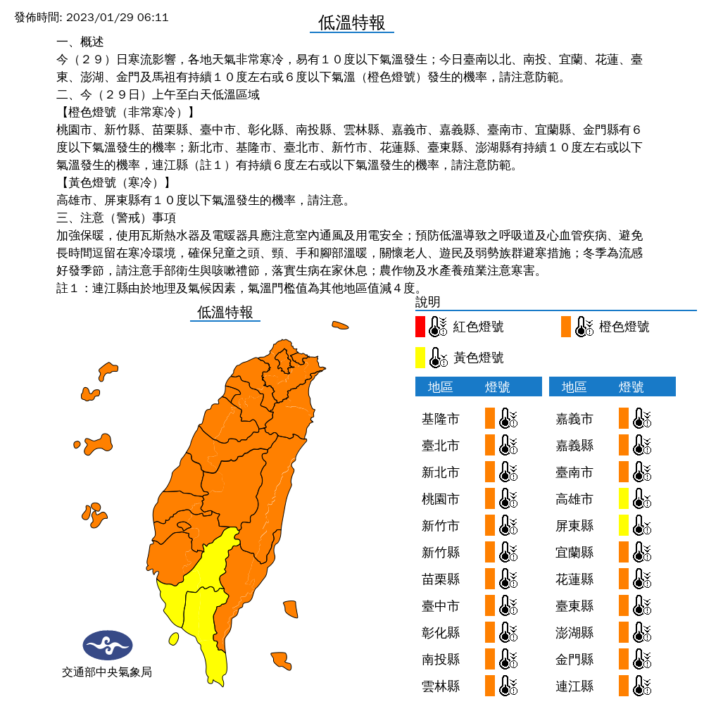 今日台南以北、南投、宜蘭、花蓮、臺東、澎湖、金門及馬祖有持續10度左右或6度以下氣溫(橙色燈號)發生的機率，請注意防範。 圖片來源/中央氣象局