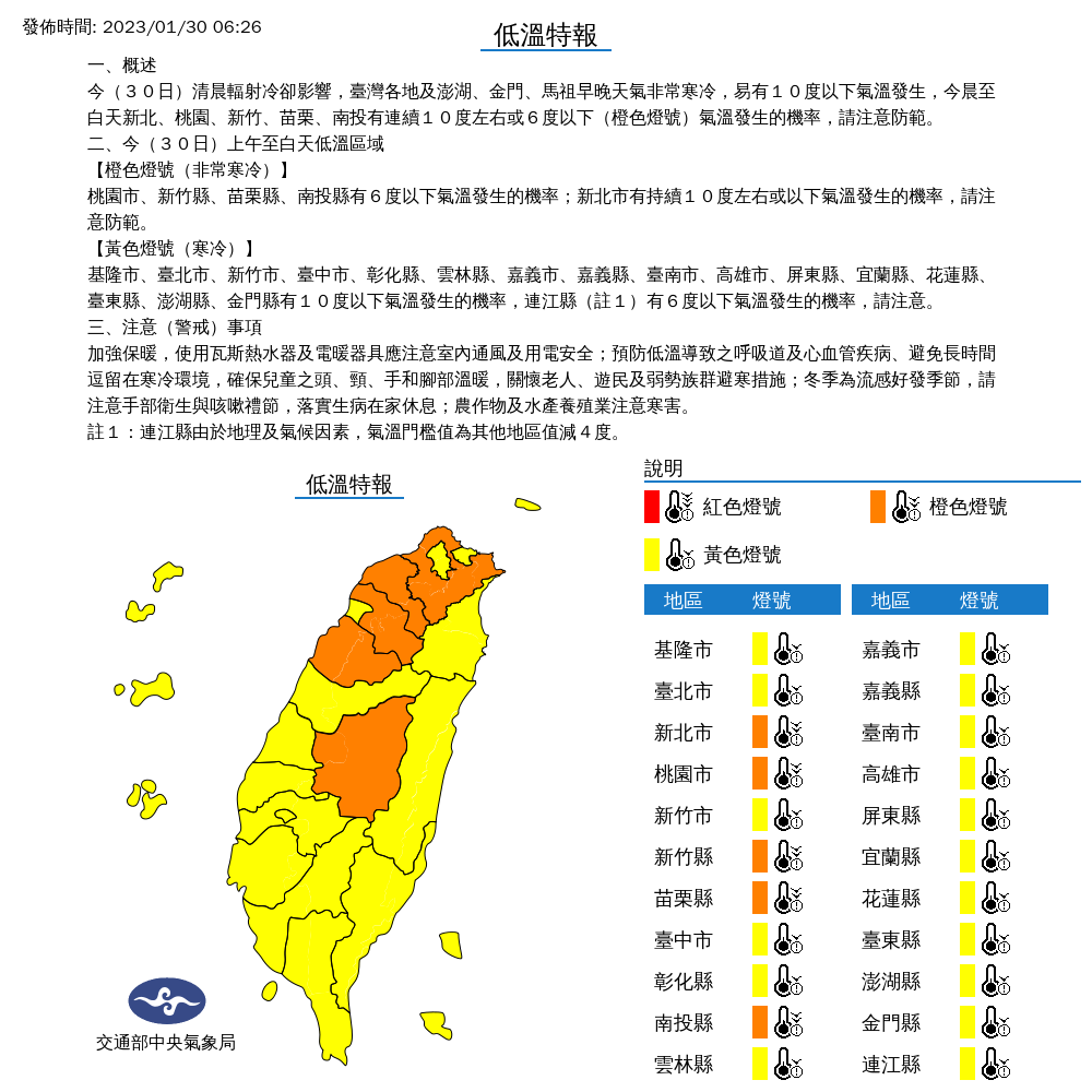 除了桃園市、新竹縣、苗栗縣、南投縣今天有6度以下氣溫外，從基隆到屏東，也要小心今天上班日，將有10度以下氣溫發生的機率。 圖：中央氣象局/提供