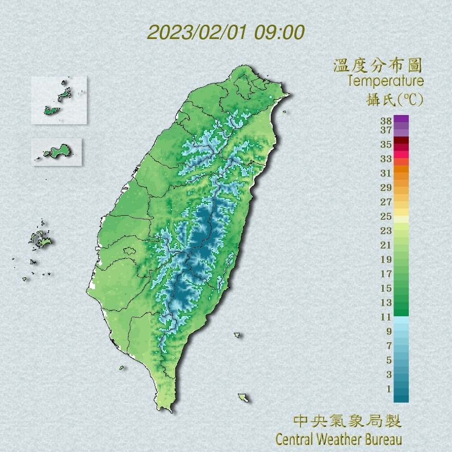 今(1)日各地區平地氣溫，北部8至25度，中部8至26度，南部9至27度，東部9至25度。 圖：翻攝自中央氣象局