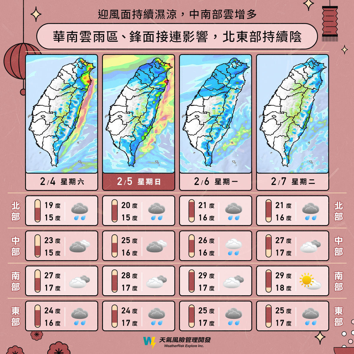 今日至下週二天氣趨勢。 圖：取自天氣風險臉書