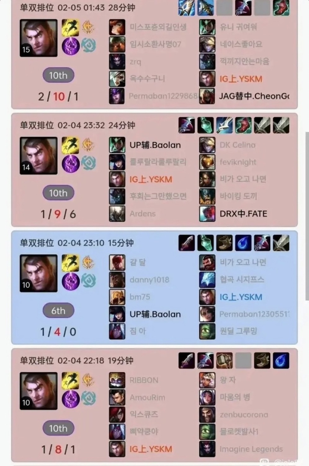 YSKM的帳號半夜在韓服留下遊玩紀錄。 圖：翻攝自OP.GG