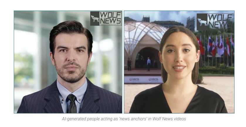 這兩個主播是AI深偽的，Wolf News這個媒體也是虛構的 圖：翻攝自Graphika報告書