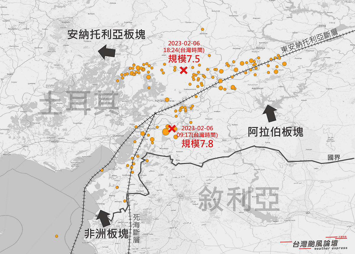 土耳其位於阿拉伯板塊、安納托利亞板塊及非洲板塊的交界處。 圖：取自《台灣颱風論壇》臉書