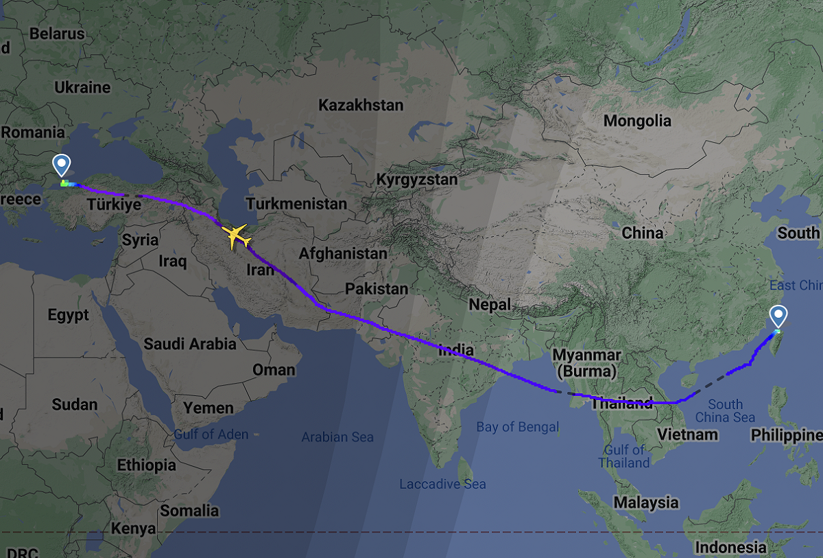 航班BR79還是照著第一批搜救隊的路線，先至伊斯坦堡（Istanbul）機場，再轉機至阿達那機場。 圖：截自flightradar24網站