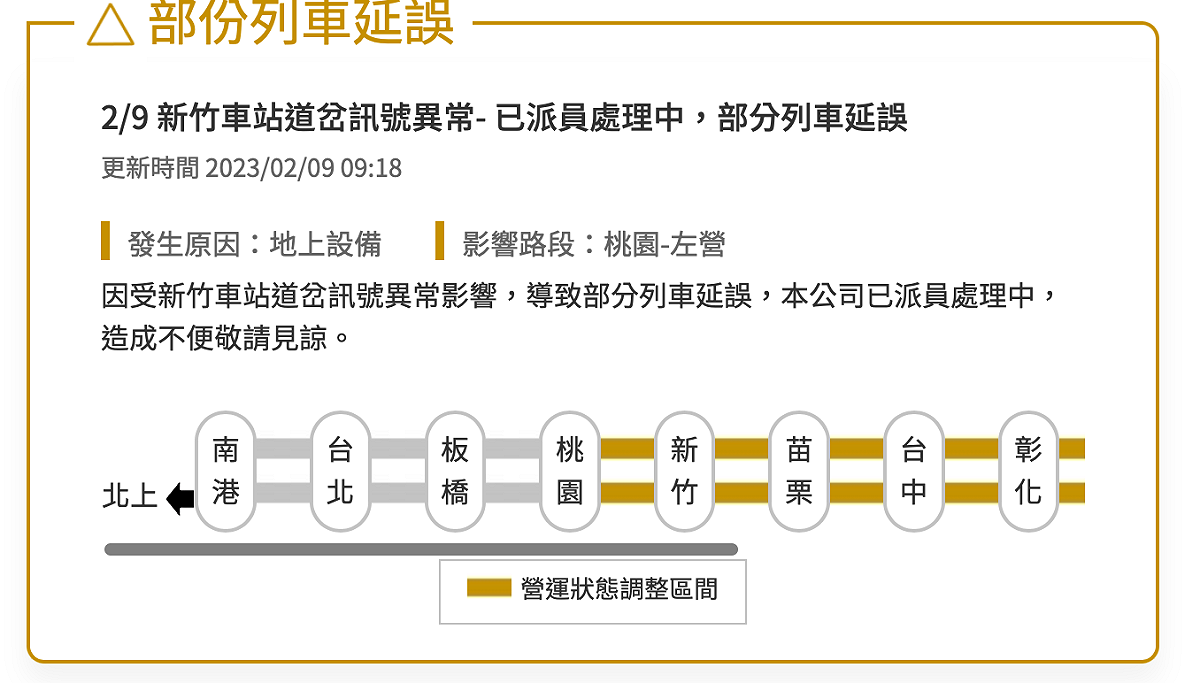 台灣高鐵表示，今日上午8時15分，於新竹站發生道岔訊號異常。 圖：翻攝自台灣高鐵官網