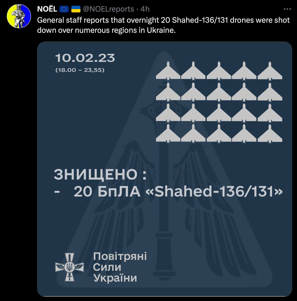 烏克蘭空軍稱於當地時間 10 日摧毀 20 架伊朗製見證者 136/131 無人機。 圖：擷取自推特@NOELreports
