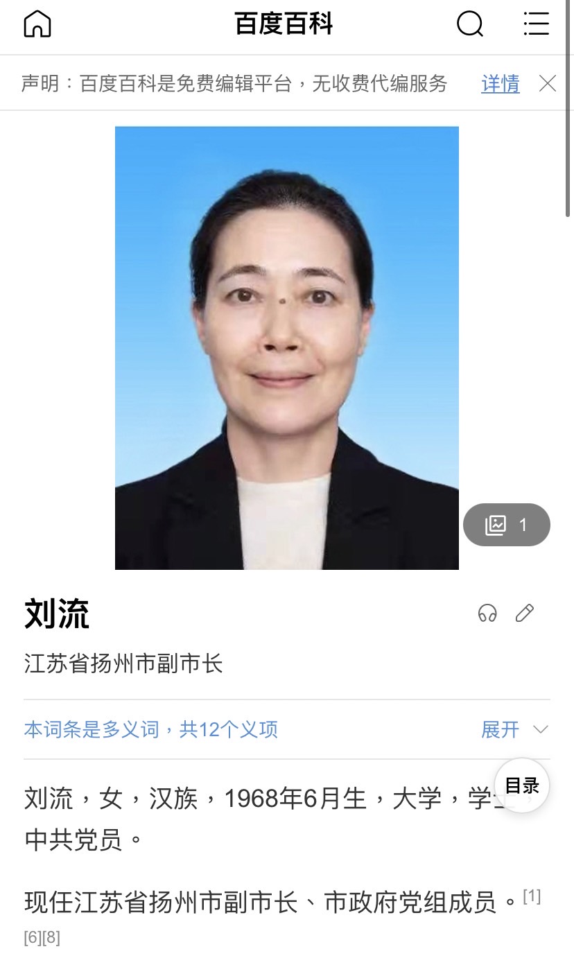 據媒體報導，同樣不被允許入境的揚州市副市長劉流遭披露以「江蘇省台辦」申請來台，但根據中國百度百科資料，劉流未曾任該職位。 圖：截自「百度百科」