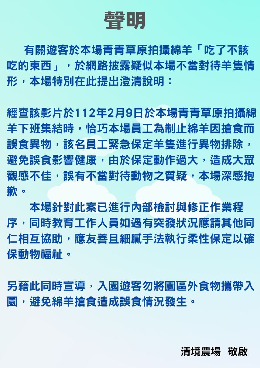 清境農場還原事情經過否認不當對待綿羊。 圖：取自清境農場臉書