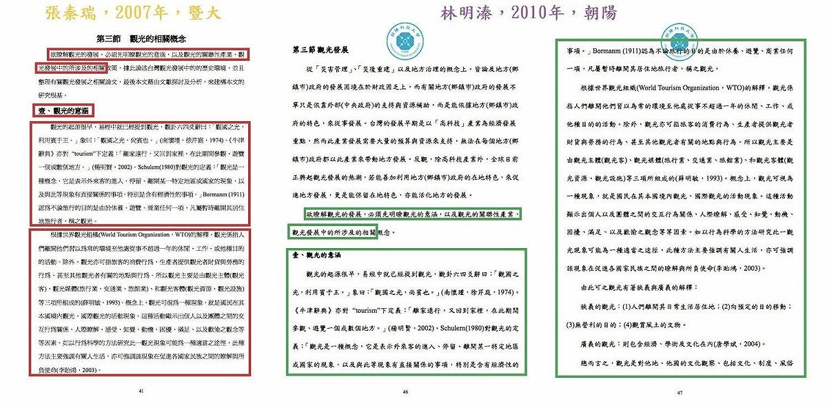 促轉會副研究員吳佩蓉指出林明溱碩士論文的文字和圖表，連續複製貼上他人碩論達5-6頁。 圖：取自吳佩蓉臉書